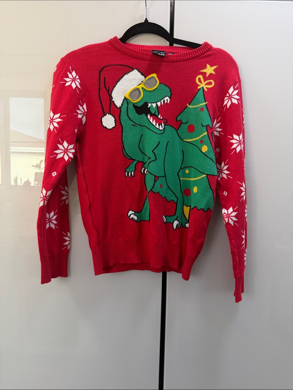 MAD Engine Red Crewneck Sweater with Green Dino & Christmas Tree
